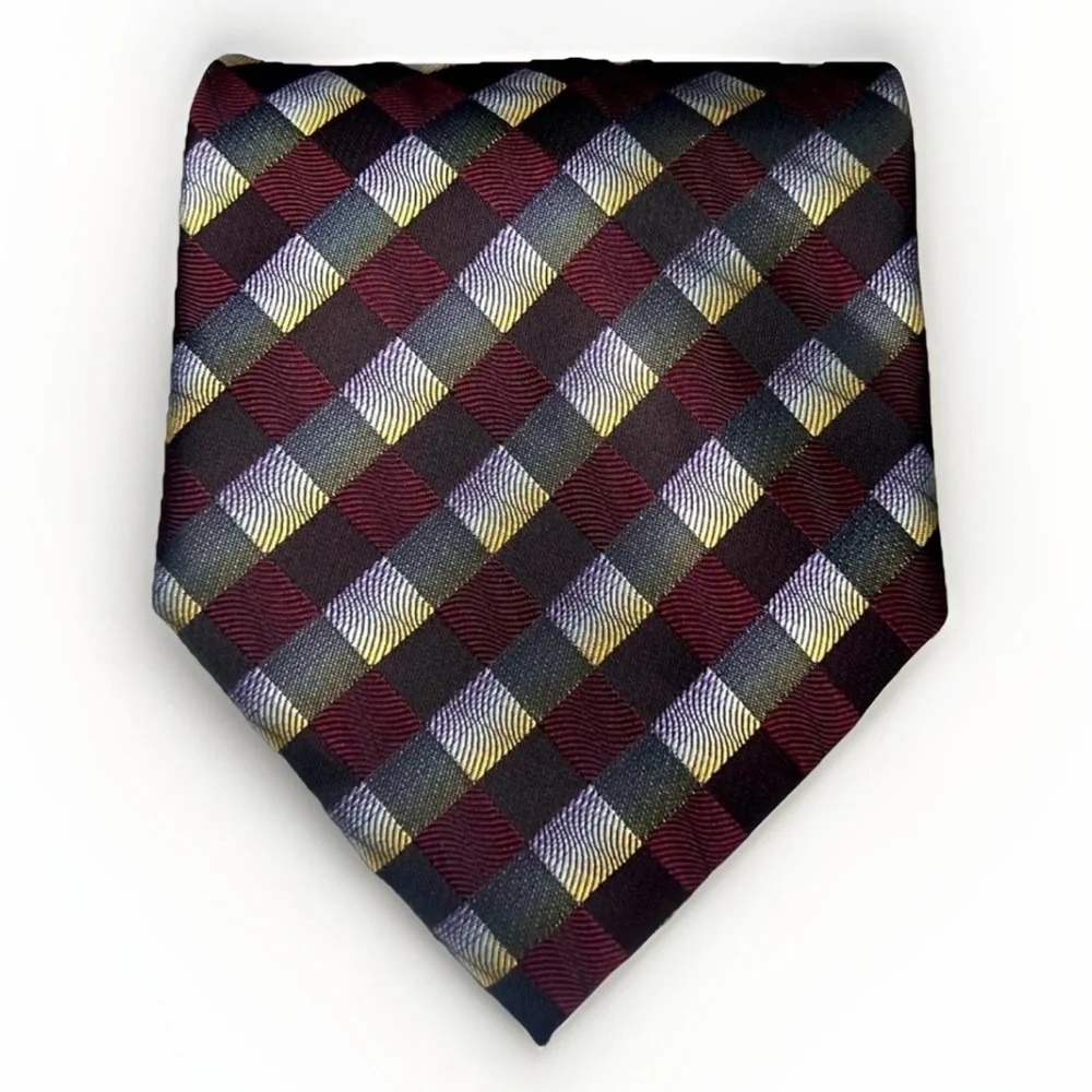 Alexander Julian Handmade Men’s Designer Tie‎ Burgundy Gray Checkered Necktie